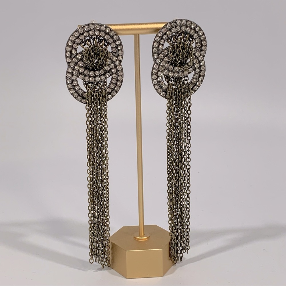 Antiqued Metal Rhinestone & Chain Dangle Long Statement Earrings